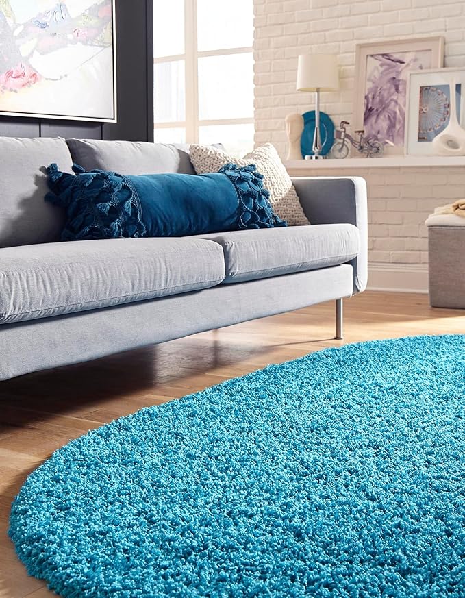 Unique Loom Solid Shag Collection Area Rug (5' 1" x 8' Oval, Turquoise)