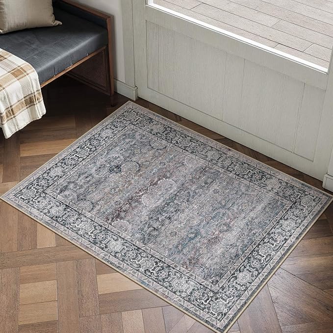 HUGEAR 2x3 Washable Area Rug Purple Small Entryway Rug Non Slip Vintage Neutral Distressed Carpet Soft Low Pile Pet Friendly for Bathroom Kitchen Hallway Porch