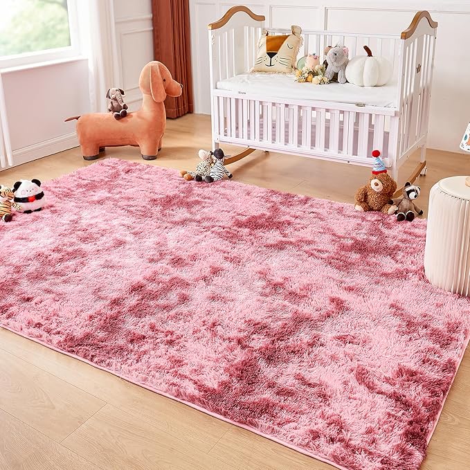 Andency 8x10 Area Rugs for Living Room, Non-Slip Fluffy Soft Large Shag Bedroom Carpet, Tie-Dyed Dark Red Big Indoor Thick Nursery Rug for Kids Dorm Home Decor Aesthetic