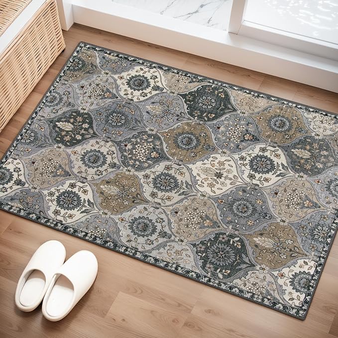 Lahome Moroccan Trellis Area Rug, 2x3 Entryway Rug Non-Slip Washable Indoor Door Mat, Small Oriental Accent Throw Carpet for Bedroom Kitchen Entry Bathroom, Grey