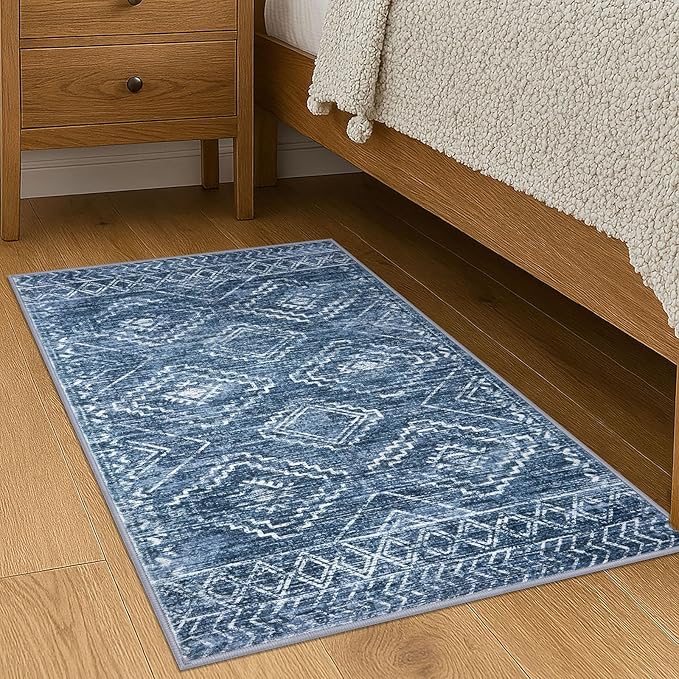 KILOCOCO Small Rug 2'x3' Entryway Rug Door Mat Indoor Soft Non Slip Printed Machine Washable Rugs for Bedroom Kitchen Entrance Front Door Geometric Boho Throw Rugs, Blue