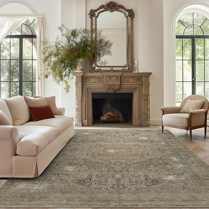 vivorug 6x9 Area Rugs, Ultra-Soft Washable Rug for Living Room Dinner Room Bedroom, Non-Slip Vintage Rug, Indoor Carpet Large Area Rug, Olive
