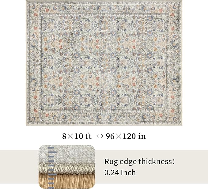 Washable Living Room Rug: 8x10 Boho Floral Soft Area Rug for Bedroom Decor - Vintage Low Pile Thin Carpet for Dining Room Non-Slip - Farmhouse Stain Resistant Rugs - Beige Blue