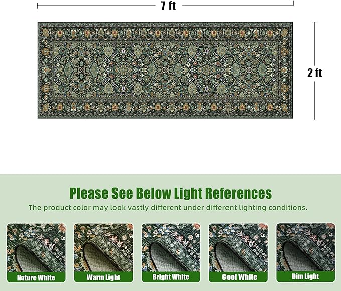Runner Rugs 2x7 Boho Washable Area Rugs for Entryway Bathroom Kitchen, Long Rugs for Hallway Soft Low Pile Non-Slip Rubber Backing Oriental Dark Green