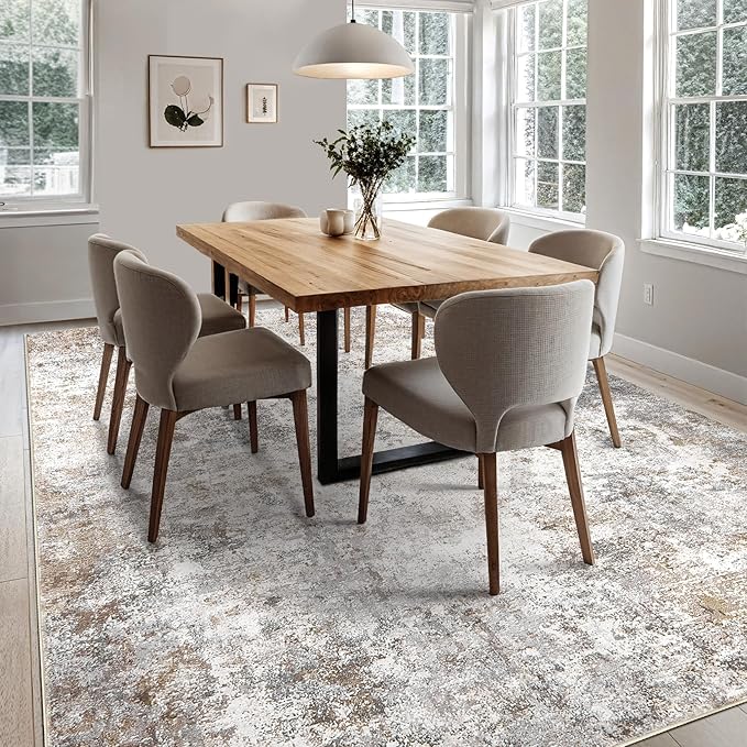 7x9 Area Rug Living Room Rugs - Washable Neutral Modern Abstract Soft Thin Large Rug Indoor Floor No Slip Rug Carpet for Bedroom Under Dining Table Home Office Decor - Brown Grey