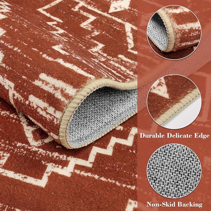 Wonnitar Moroccan Washable Area Rug, 3x5 Non-Slip Rugs for Living Room, Geometric Tribal Kitchen Entry Throw Mat, Soft Low Pile Non-Shedding Carpet for Bedroom Apartment Dorm (Brown,3'x5')