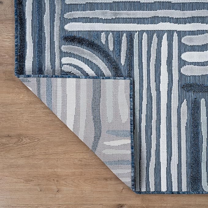 CAMILSON Indoor Outdoor Rug, Navy Blue 8x10 Geometric Arch Striped Area Rugs for Patio and Home Areas, Easy-Cleaning Non-Shedding Living Room, Garden and Deck Washable Outside Carpet (8 x 10)