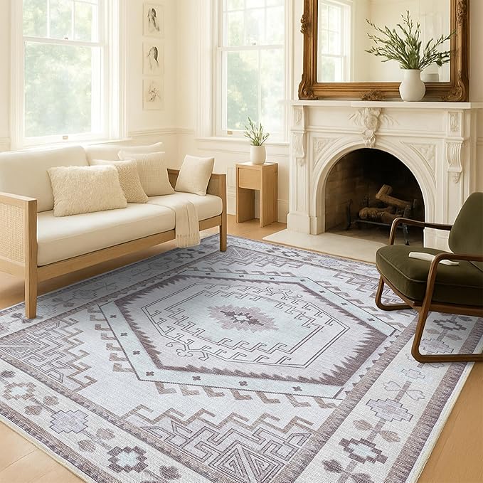 Fame Living Washable Area Rug. Modern Farmhouse. Vintage. Turkish. Bohemian. Distressed. Oriental. Traditional. Rugs for Living Room. Dining. Bedroom. Office. Entryway. Foyer. (856BrC, 7'5" x 9'8")