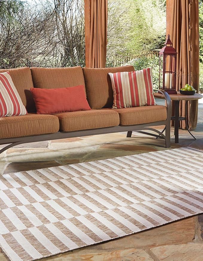 Unique Loom Outdoor Striped Collection Area Rug - Striped (7' 10" x 10' Rectangle Taupe/Ivory)