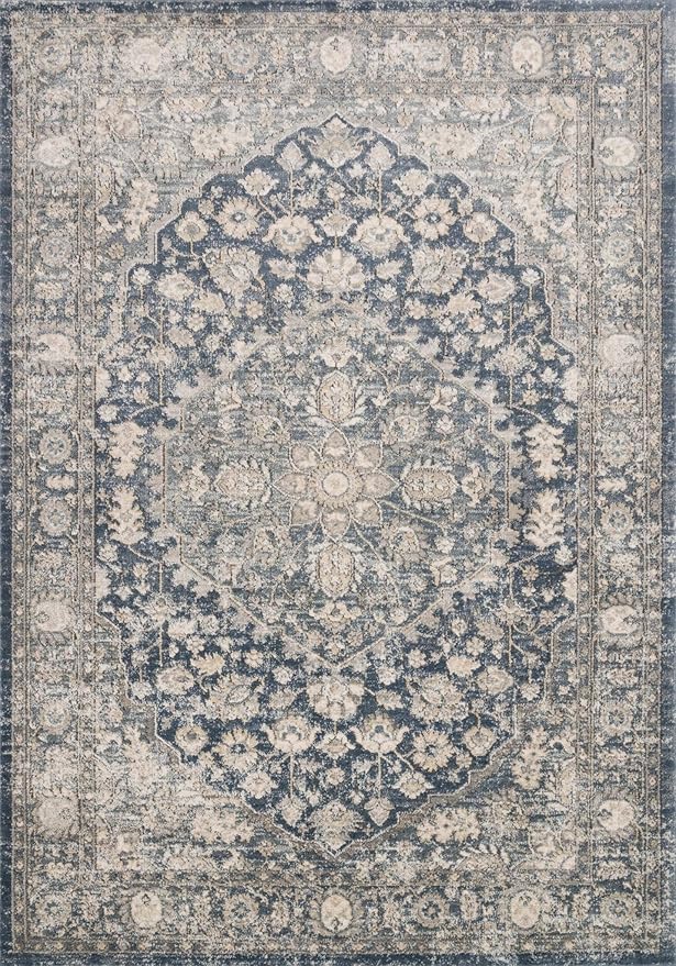 Loloi Teagan Collection TEA-01 Denim/Mist 6'-7" x 9'-2" Area Rug, Large, Soft Neutral Rug, High-Traffic for Living Room, Bedroom, Home Office, Dining Area