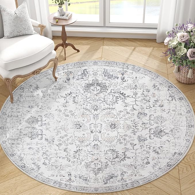 jinchan Kalen Round Rug 4ft Area Rug Washable Vintage Indoor Retro Entryway Floor Cover Distressed Gray Floral 4' Round Circle Boho Non Slip Thin Carpet for Bedroom Living Room Dining Room Grey