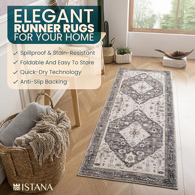 Istana Hallway Runner Rug 2.5x8 – Dark Grey Blue/Rose Mauve Entryway Rug -Silk's Soft Touch Runners for Hallways - Stylish Kitchen Runner Rug Non Slip