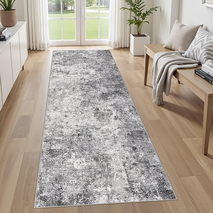 3X8 Washable Runner Rug for Hallway: Soft Neutral Modern Abstract Area Rug - Non-Slip Low Pile Long Throw Indoor Carpet for Kitchen Entryway Kitchen Bedroom Laundry Bathroom - Grey