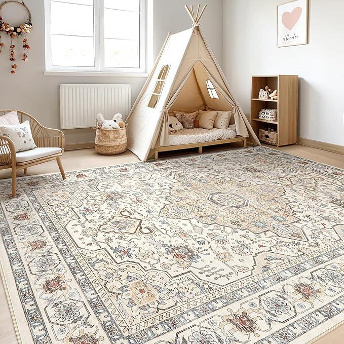 7x10 Area Rug Living Room: Washable Boho Large Neutral Vintage Soft Rugs Stain Resistant Farmhouse Non-Slip Indoor Floor Carpet for Bedroom Nursery Kids Playroom Office Dining Room- Cream Blue