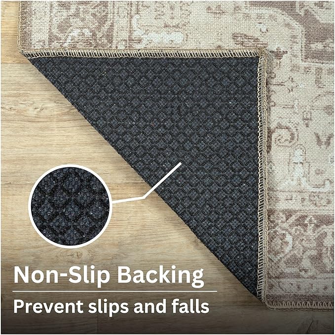 Bloom Rugs Washable Non-Slip 6' x 9' Rug - Light Brown Traditional Medallion Area Rug for Living Room, Bedroom, Dining Room, and Kitchen - Exact Size: 6' x 9'