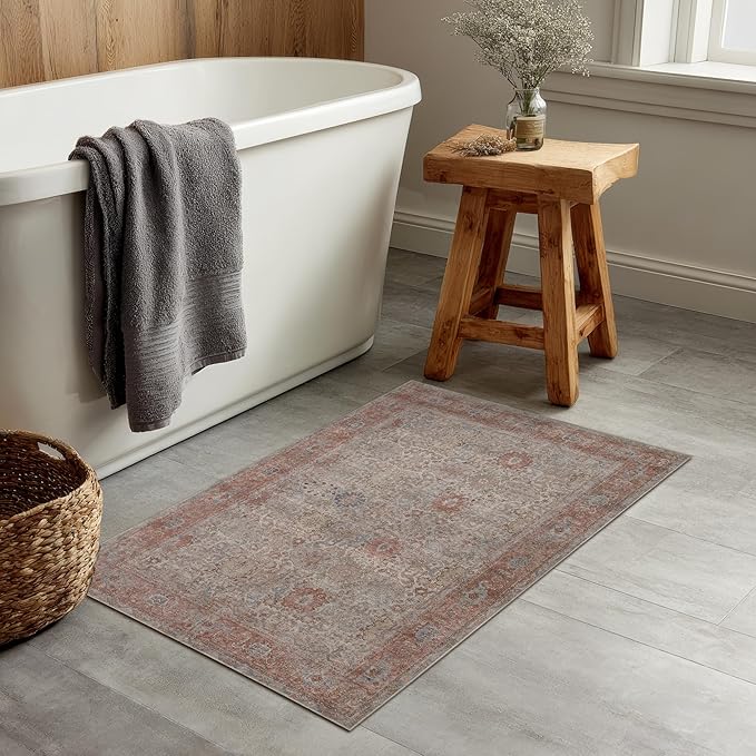 Kuden 3x5 Small Rug, Machine Washable, Non-Slip Backing, Vintage Style, Soft, Low Pile, Area Rugs for Entryway Kitchen Indoor Entrance
