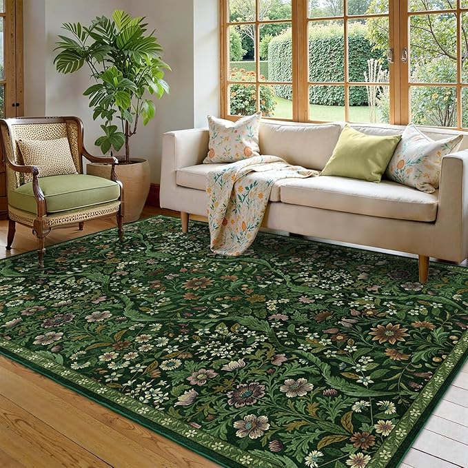 Floral Washable 6x9 Area Rug，Dark Green Boho Rugs for Living Room, Soft Low-Pile Non-Slip Stain Resistant & Non-Shedding Carpet for Bedroom, Dining Room, Office, Entryway, Nursery
