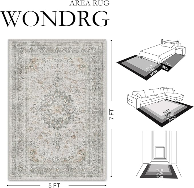 8x10 Washable Vintage Area Rug for Living Room Bedroom Soft Tranditional Non Slip Large Throw Rug Lightweight Floral Low Pile Distressed Carpet Office Playroom Dining Room