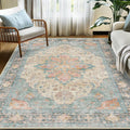 Area Rugs 9'x12' Washable Non-Slip, Floral Vintage Distress Print Pattern Medallion Carpet for Living Room Bedroom Dining Room, Blue Orange Red