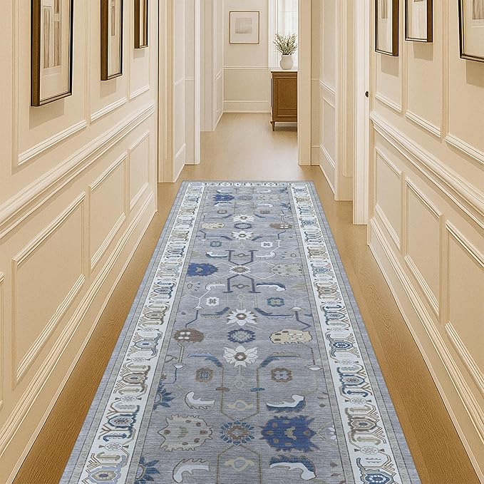 Fame Living Grey Oushak Runner Rug, Modern Runners, Vintage, Turkish, Eclectic, Floral, Pastel, Washable, Runner for Hallway, Kitchen, Bedroom, Bathroom, 2'5"x9'8"