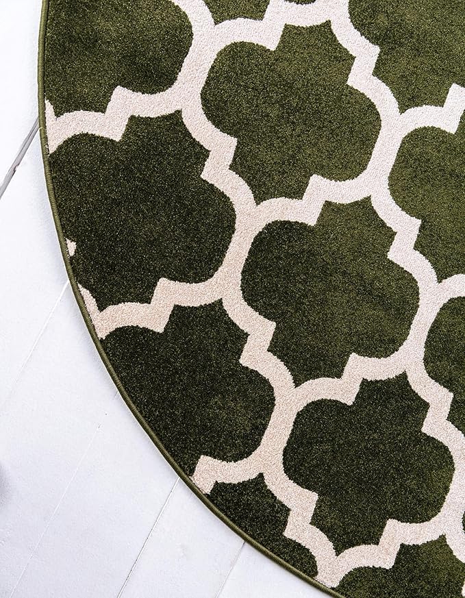 Rugs.com Lattice Collection Rug – 8 Ft Round Dark Green Medium Rug Perfect for Kitchens, Dining Rooms