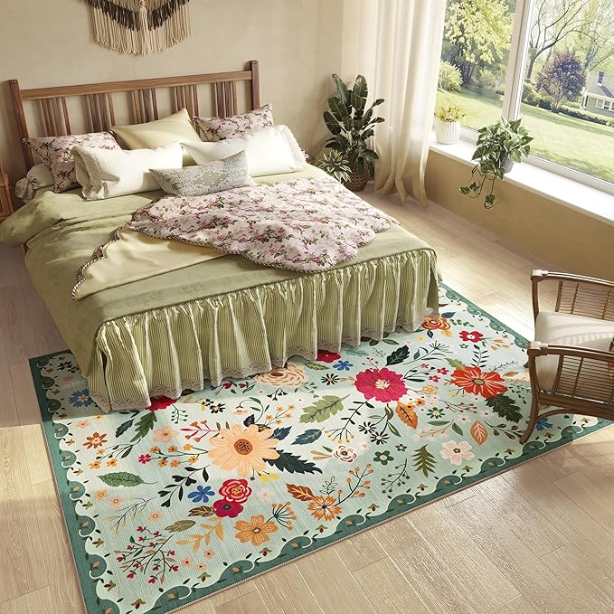 Living Room Rug 6x9 Rug Machine Washable Boho Area Rug Non Slip Floral Vintage Low Pile Large Rugs for Living Room, Bedroom, Farmhouse, Dining Room (Green)