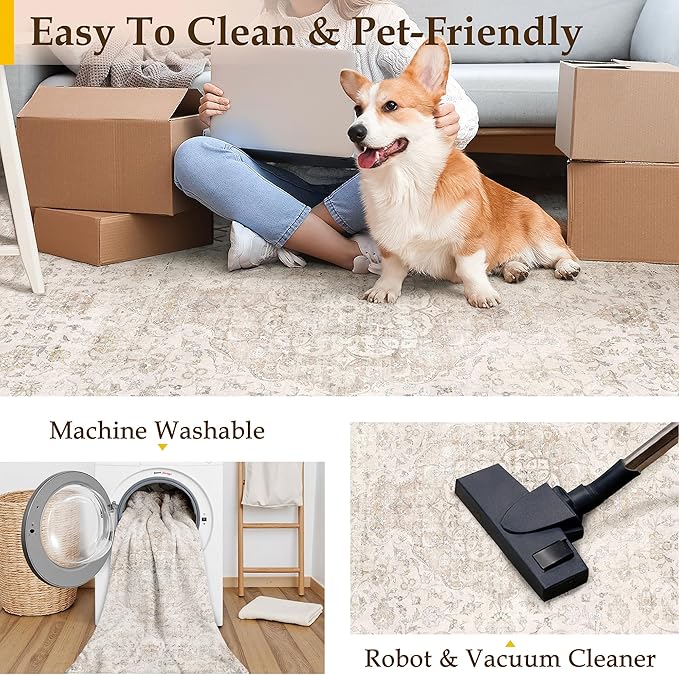 HUGEAR Area Rug 5x7 Vintage Beige Machine Washable Living Room Rugs Thin Neutral Floral Vacuumable Low Pile Carpet Bedroom Office Dining Room Laundry Room Non Slip Soft Lightweight