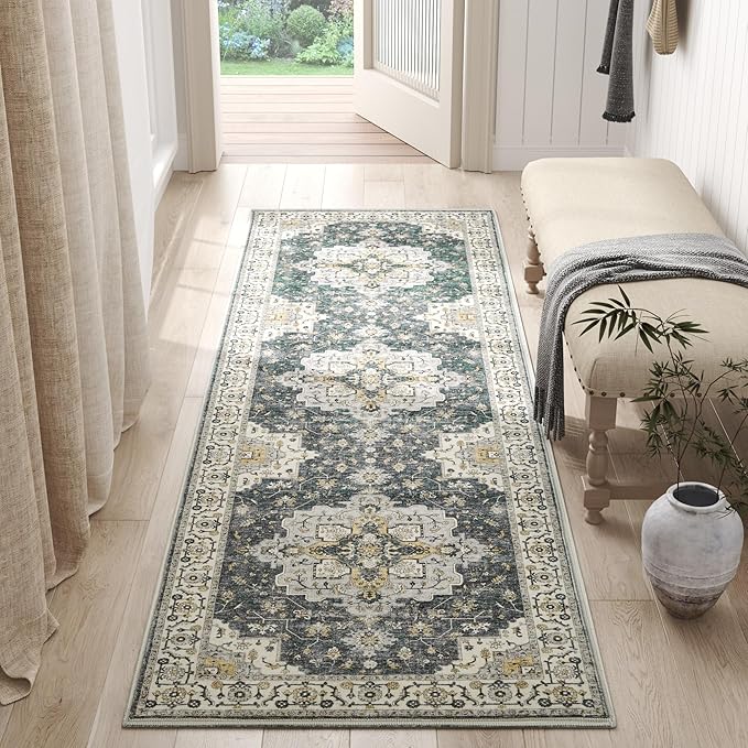 jinchan Runner Rug 2x6 Vintage Hallway Rug Boho Washable Runner Floral Medallion Retro Lightweight Non Slip Classic Thin Soft Carpet for Kitchen Bedroom Bathroom Laundry Room Doorway Grey