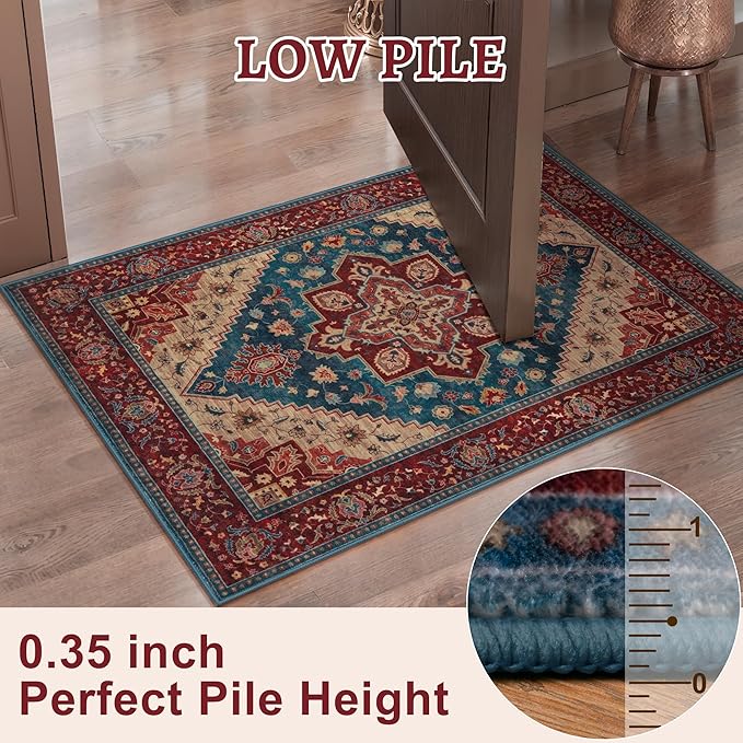 Tangsoo Oriental Red Rug 5x7 Washable Area Rugs for Living Room, Vintage Indoor Non Slip Large Area Rugs, Print Distressed Carpet, Soft Boho Low Pile Foldable Floor Rug for Bedroom Dining Room