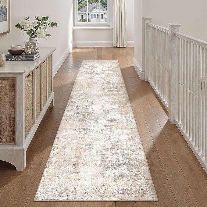 2x10 Washable Runner Rug Beige Grey Abstract Hallway Kitchen Throw Rug Neutral Modern Non Slip Soft Low Pile Carpet for Bathroom Laundry Bedroom Living Room