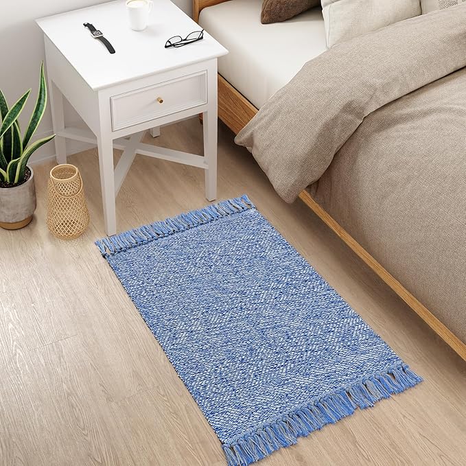 Collive Small Bathroom Rug, 2' x 3' Hand-Woven Low Profile Front Entryway Rug, Navy Blue Cotton Reversible Washable Kitchen Mat Modern Farmhouse Carpet for Foyer Bedroom Back Door Decor