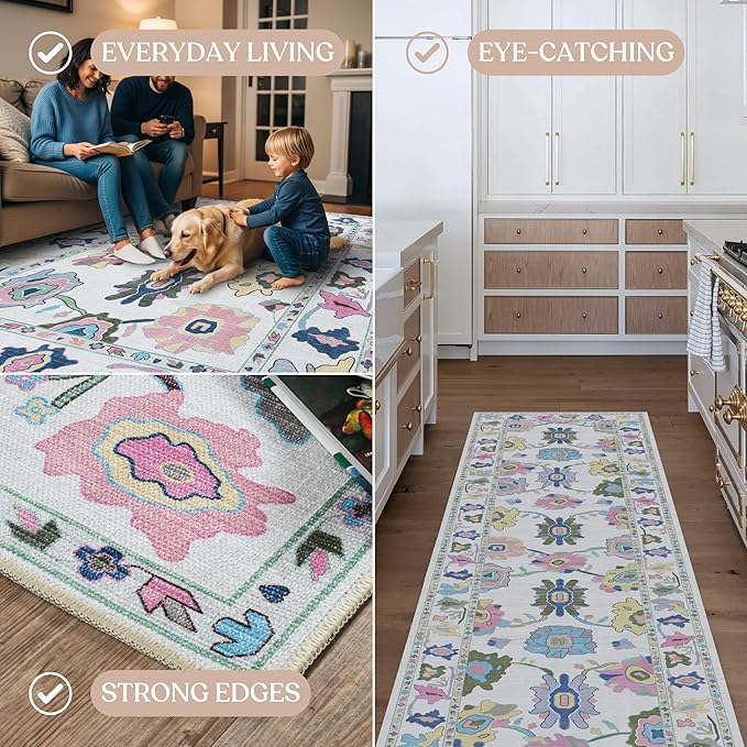 Fame Living Colorful Oushak Rug, Modern Small Rugs, Vintage, Turkish, Eclectic, Floral, Pastel, Washable, Door Mat, Doormat for Indoor Entrance, Entryway, Kitchen, Bathroom, Bedroom, Laundry, 2'x3'