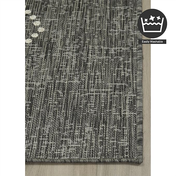 FH Home Flat Woven Outdoor Rug - Waterproof, Easy to Clean, Stain Resistant - Premium Polypropylene Yarn - Boho Moroccan - Large Patio, Deck, Sunroom - Ariana - Charcoal - 7ft 8in x 9ft 8in