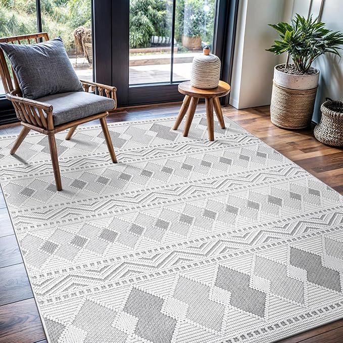 CAMILSON Micro Loop Rug 5x7 Modern Luxury Geometric Boho Diamond Area Rugs Soft High and Low Pile Stain Resistant Easy-Cleaning Non-Shedding for Living Room Office Indoor Carpet (5 x 7 / White - Gray)