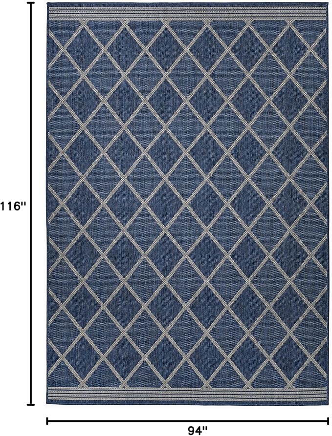 FH Home Flat Woven Outdoor Rug - Waterproof, Easy to Clean, Stain resistant - Premium Polypropylene Yarn - Moroccan Geometric Lattice - Large Patio, Deck, Sunroom - Tunis - Blue - 7ft 10 in x 10ft 9in