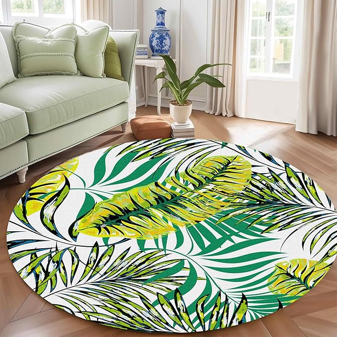 Tropical Round Rug 6ft, Watercolor Palm Leaves Pattern Low Pile Circle Carpet, Non-Slip Washable & Non-Shedding Indoor Mat for Bedroom, Entrance, Office Decor