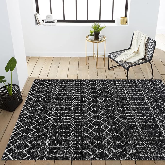 JONATHAN Y Boho Vintage Diamond Black/Ivory Indoor Area Rug 8X10 ft, Moroccan Hype for Living Room, Bedroom, Kitchen, Office, Easy-Cleaning, High Traffic, Pet-Friendly, Non-Shedding (MOH101D-8)