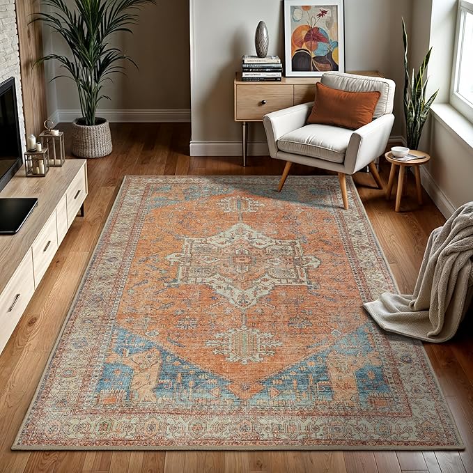 GLN Rugs Traditional Collection - Machine Washable Area Rug, Traditional Washable, Non Slip, Low Pile Chenille Rug, Living Room, Bedroom, Kitchen Rug (3' x 5' Terra/Multicolor)
