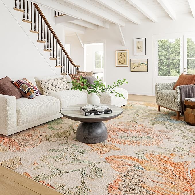 Dash & Albert Zell Multi Machine Washable Rug, Runner-2.5 X 8 Feet, Multicolored/Tan Floral Pattern