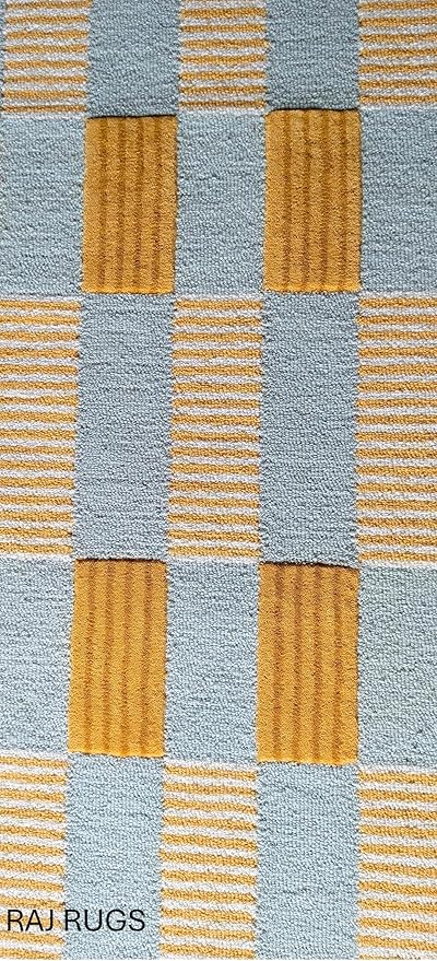 Handmade Scalloped Wool Area Rug - Modern Geometric Pattern, Green-Beige Stripes, Checkered Chevron Design - Soft, Durable Thick Carpet for Living Room, Bedroom (Gold, 8' x 10')