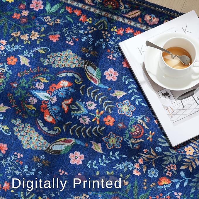 Rugcomf 3x5 Rug Washable Area Rug Floral Office Rug Non Slip Small Carpet for Bedroom, Bedside, Kitchen, Entryway, Kids Room, Office(Blue)