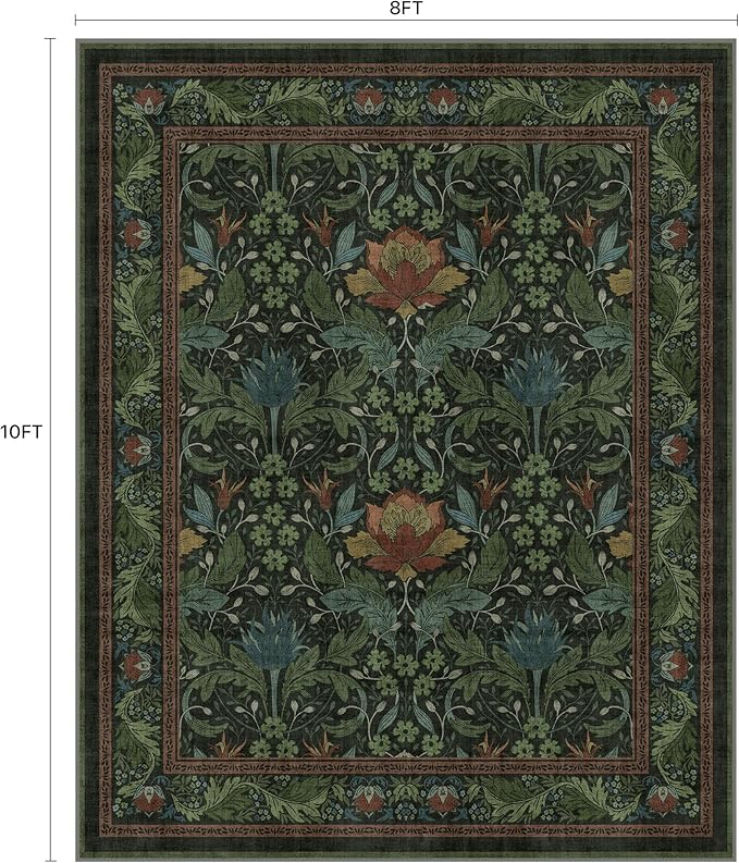 Bavni 8x10 Area Rugs for Living Room, Microfiber Machine Washable Non-Slip Vintage Floral Rug, Low Pile Lightweight Carpet for Bedroom, Dining Room, Home Office, Dark Green