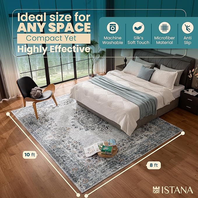 Istana 8x10 Area Rug - Blue 8x10 Rugs for Living Room - Foldable Rugs for Bedroom - Stain Resistant Washable Rug - Eco-Friendly Area Rugs - Easy to Clean Living Room Rug