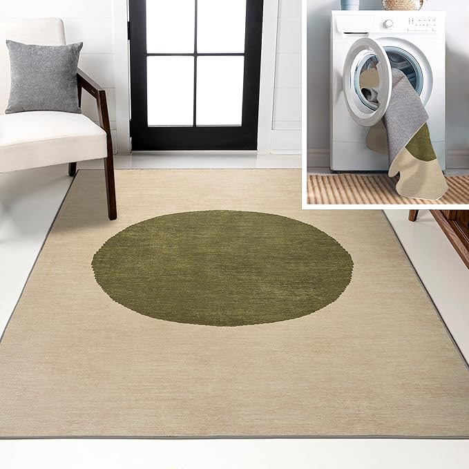 JONATHAN Y Machine Washable Cream/Green Indoor Area Rug 8X10 ft, Cirkel Minimalist Geometric Dot for Living Room, Bedroom, Kitchen, Office, Easy-Cleaning, Pet-Friendly, Non-Shedding WSH113C-8
