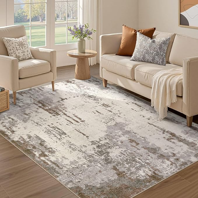 4x6 Area Rug Living Room Rugs - Washable Neutral Modern Abstract Soft Thin Rug Indoor Floor No Slip Rug Carpet for Bedroom Under Dining Table Home Office Decor - Brown/Grey/Beige