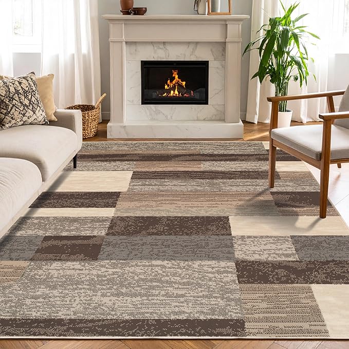 SUPERIOR Indoor Area Rug, Jute Backed, Modern Geometric Patchwork Floor Decor for Bedroom, Office, Living Room, Entryway, Hardwood Floors, Rockwood Collection, 9' x 12', Slate