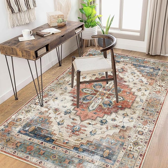 Enkor Area Soft Rugs 4x6 Washable Non Slip Boho Floor Rugs for Living Room Bedroom, Vintage Style Farmhouse Mat for Kitchen Entryway Beige & Red