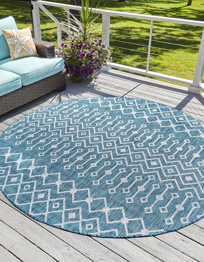 Unique Loom Outdoor Trellis Collection Area Rug - Tribal Trellis (13' Round, Teal/ Ivory)
