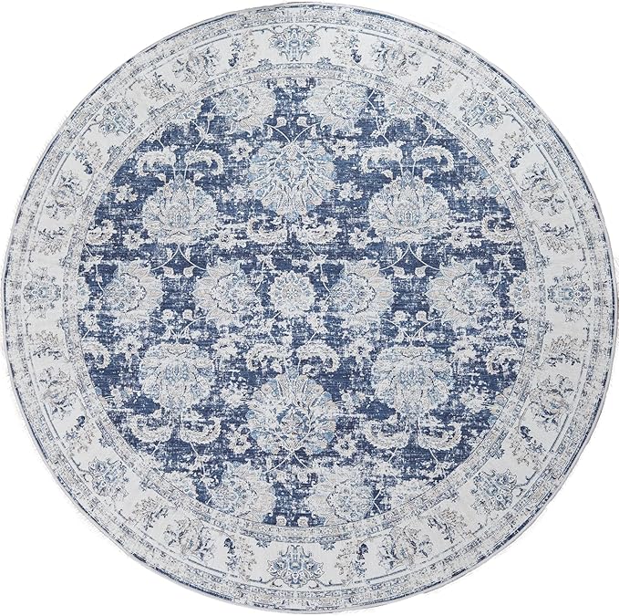 jinchan Fiora Round Rug 4ft Area Rugs Vintage Floral Distressed Design - Machine Washable Non-Slip Low-Pile Ultra-Thin Circle Rug for Entryway Bedside Living Room Bedroom (4' Round, Dark Blue)
