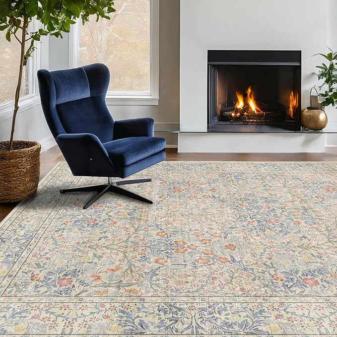 Beige Blue Living Room Rug 5x7, Cottage Area Rug for Bedroom, Vintage Washable Floral Mat for Nursery, Office, Low Pile Non Slip Stain Resistance French Country Style Retro Indoor (5x7 Beige Blue)